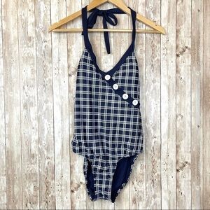 Modcloth Navy Plaid Sleeveless V-Neck One Piece Swimsuit Size XS Women